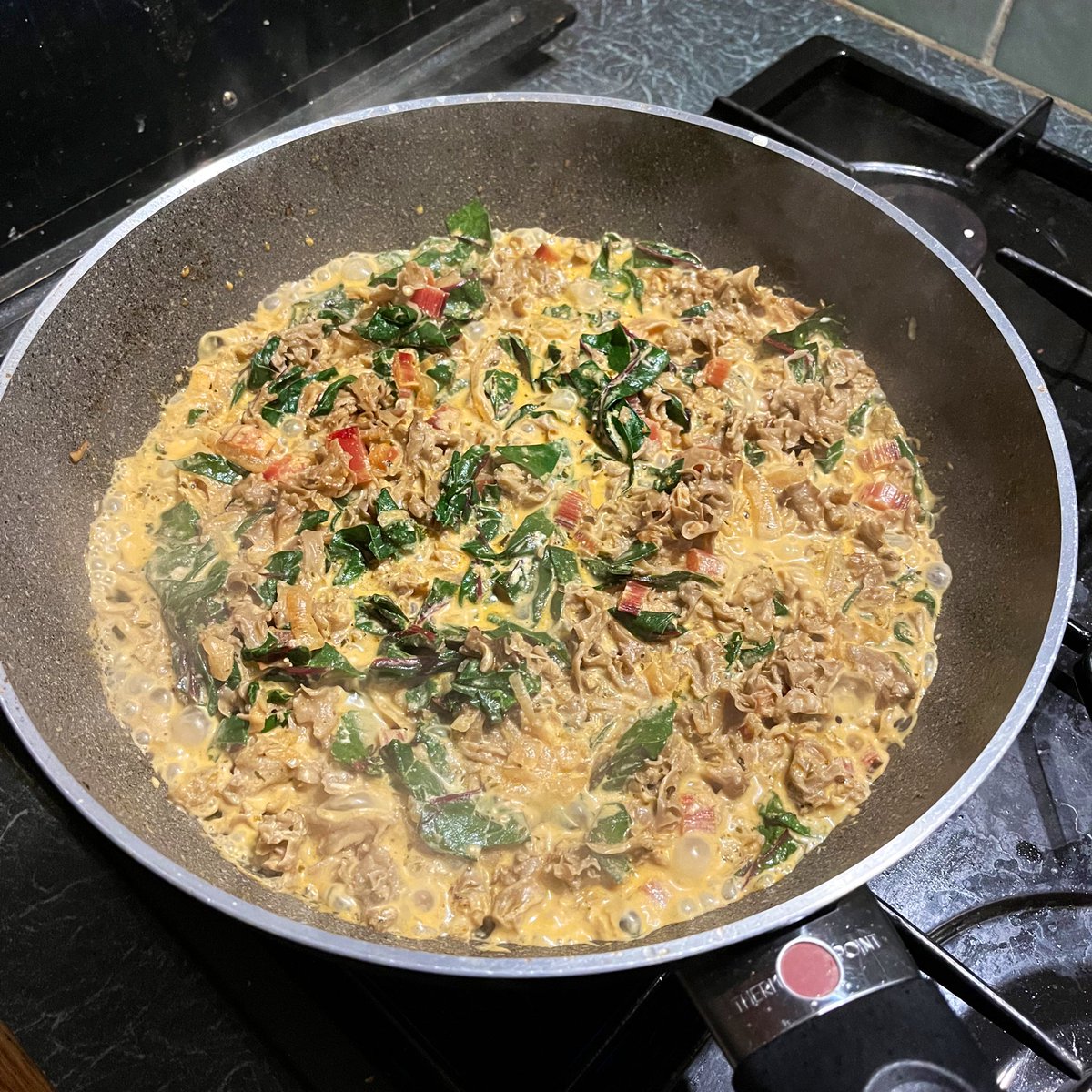 JonnyBright84's tweet photo. Onion and garlic from the allotment, chard from the garden, cauliflower mushroom from the woods. Mushroom stroganoff tonight with short grain brown rice. #chefJonny https://t.co/1EJ8CcpcnW