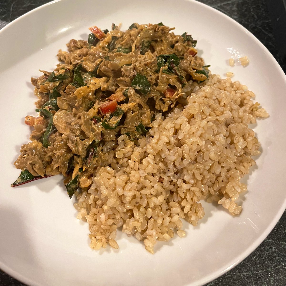 JonnyBright84's tweet photo. Onion and garlic from the allotment, chard from the garden, cauliflower mushroom from the woods. Mushroom stroganoff tonight with short grain brown rice. #chefJonny https://t.co/1EJ8CcpcnW