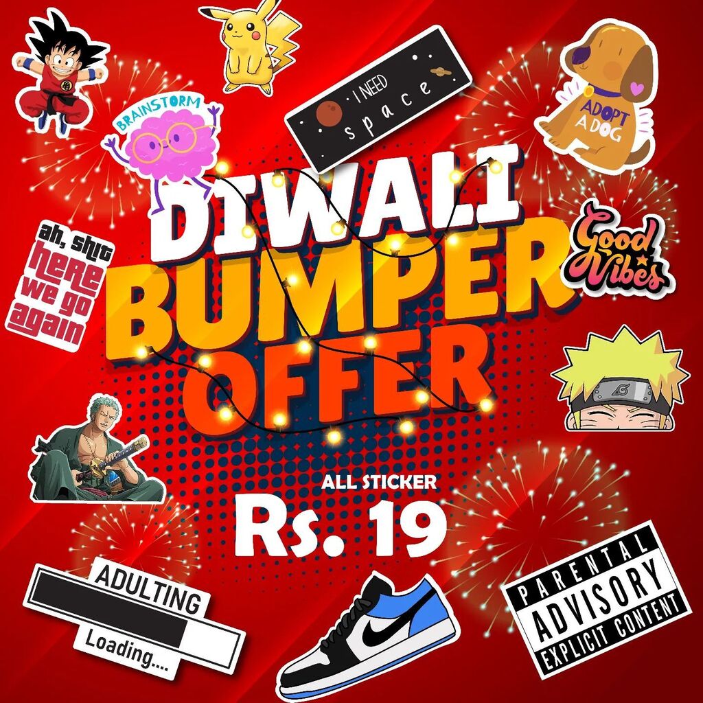 PickaStick2's tweet photo. Diwali Bumper offer (21st -25th)🥳🎊

All stickers @ Rs.19 🤩❤️

ISS DIWALI, SAJAO APNE LAPTOP /MOBILE PHONE KO PICK A STICK KE STICKERS KE SANG!"😍🔥
.
.
.
.
.
.
.

FIRST STICKER SALE OF PICK A STICK
.
.
.
.

#stickersale #sticker #diwalisale #festiv… https://t.co/fitLE25yYZ https://t.co/r8y7BdqAge