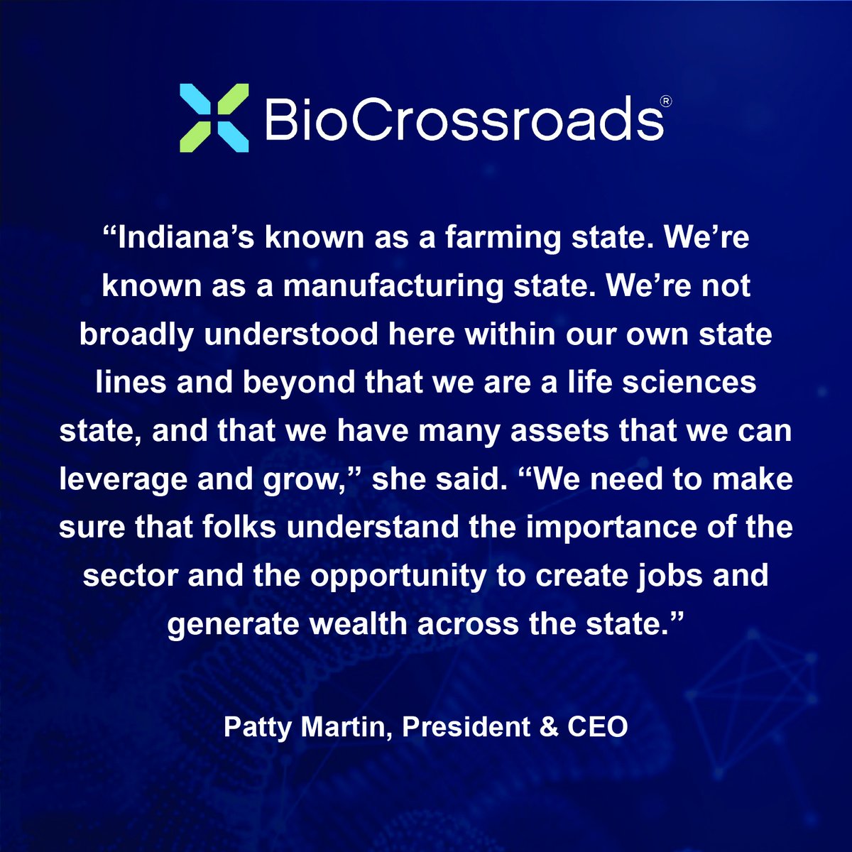 BioCrossroads's tweet photo. It's time to acknowledge Indiana as a #lifescience powerhouse. Backed up by a new report produced with @TEConomyP_LLC that shows the impact of collaboration among industry, education, philanthropic &amp; other partners, @pamartin33 explains why: https://t.co/l4BChoNIon https://t.co/WIrkw77zT1