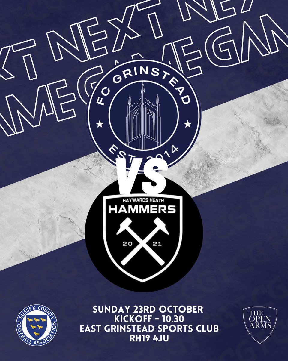 FCGrinstead's tweet image. NEXT UP!

@HammersHeath 
🏆 SSL / GW6 
🗓 23/10/2022
⏰ 10:30am
📍 EG Sports Clubs, RH19 4JU

Back to the league fixtures &amp;amp; looking to bounce back after last weeks loss in the cup.