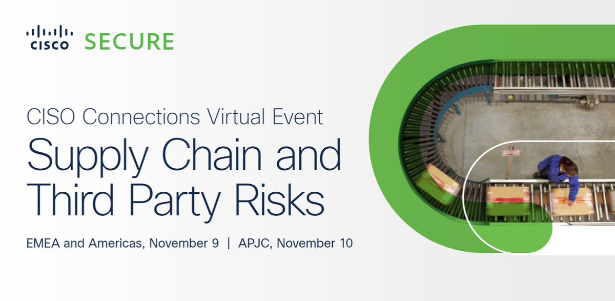 Join us next month for an exclusive virtual gathering of #CISOs and Deputy CISOs. Our Cisco subject-matter experts Justin Salerno &amp; Chris Nolan will share best #security practices on improving the resilience of #supplychain. 

📩 Request an invite here: cs.co/6010MmHP4