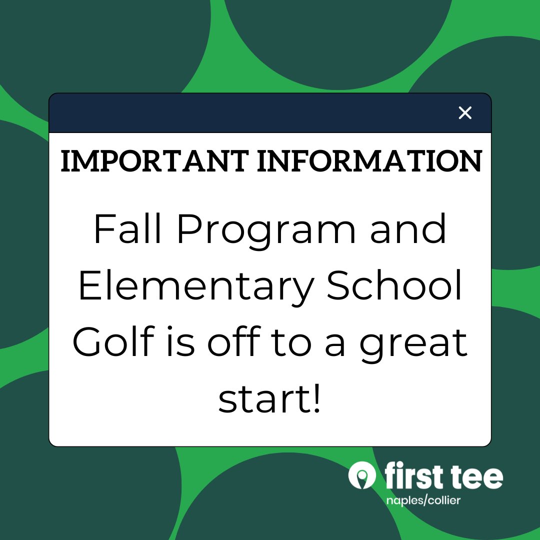 FirstTeeNaples's tweet photo. Our Fall Program and Elementary School Golf is in full action and is off to a great start!
#firstteenaplescollier #naples #collier #firsttee #fallprogram #elementaryschoolgolf #fun #buildinggamechangers #gamechangers https://t.co/j19iVV7vZO