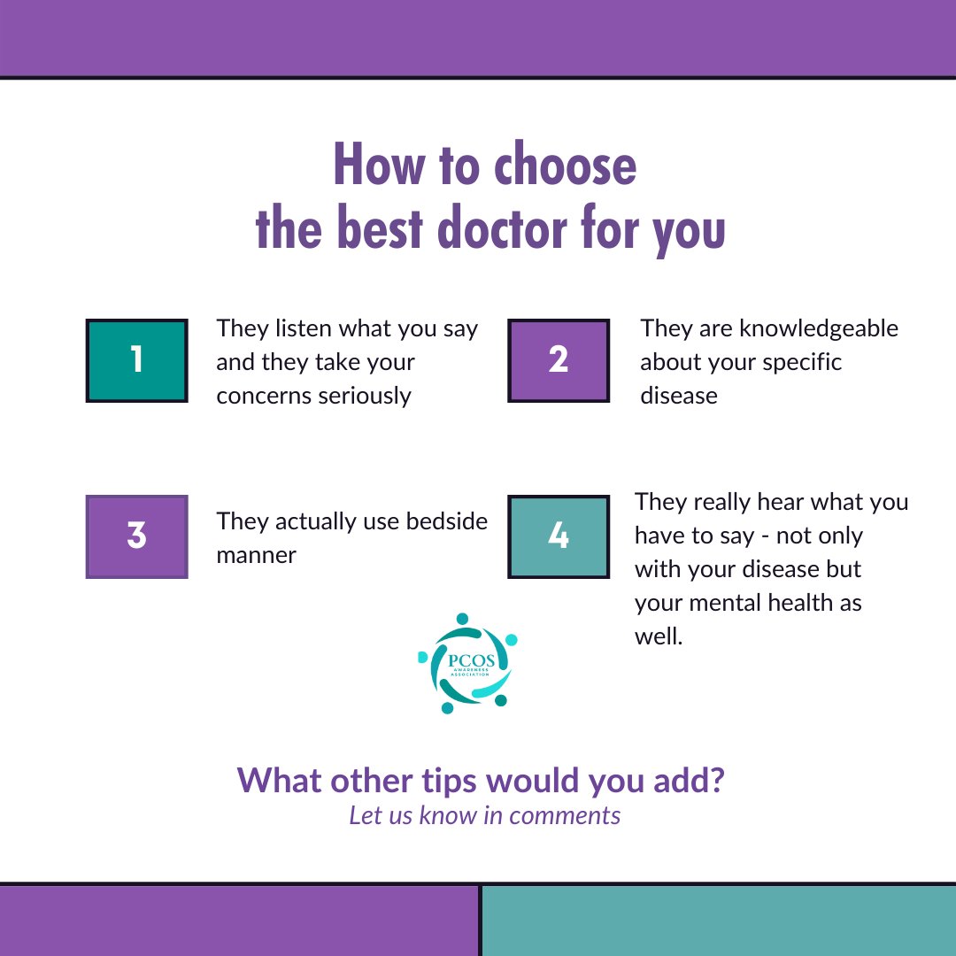 PCOSAA's tweet photo. Choosing the best doctor can be hard sometimes, but these tips can help to narrow your decision on selecting the best doctor regarding PCOS. Do you have any tips to add?
#PCOS #PCOSAA #Cysterhood #PCOSSupport #PCOSawareness #PCOSlife #pcosdoctor #PCOSresources #womenshealth https://t.co/NNSBXOybQZ