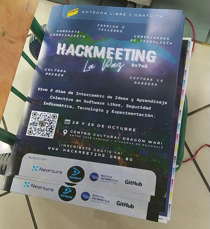 Estamos a pocos días del #Hackmeeting #Bolivia #2022.
Día: 28, 29 de Octubre, ciudad #LaPaz, lugar Centro Cultural Dragon Wari, cuanto cuesta, cuando vale pues es Ingreso Libre! No olvides registrarte!
Mas Info: 0x7e6.hackmeeting.org.bo