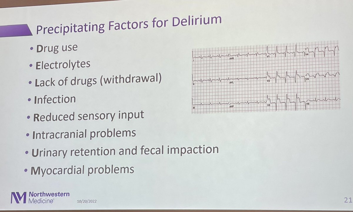 kimche's tweet photo. Dr Sara Bradley reviewing delirium — love this mnemonic DELIRIUM= triggers #MHM22 @midwesthospmed https://t.co/E2qpcVckbK