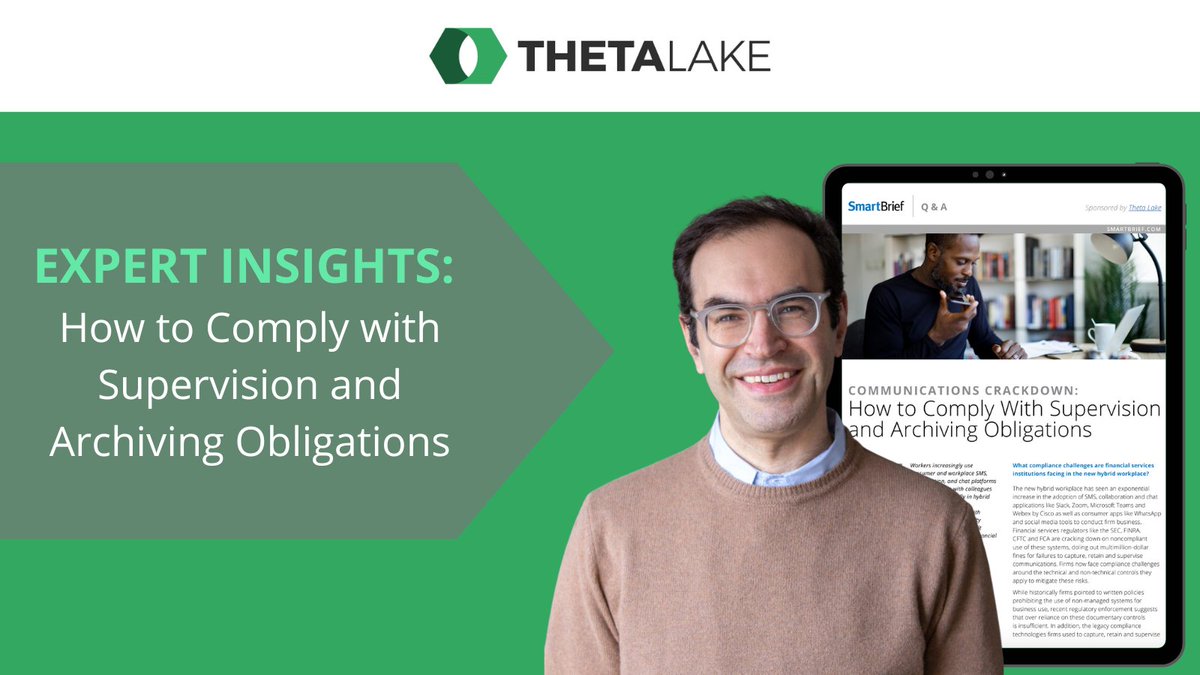 In this interview with <a href="/SmartBrief/">SmartBrief</a>, @marcwiki, Theta Lake's general counsel and vice president of #compliance, explains how firms can protect themselves without unduly inhibiting employees from communicating effectively for work purposes.

Download here ➡️ thtl.ke/3seJMGY