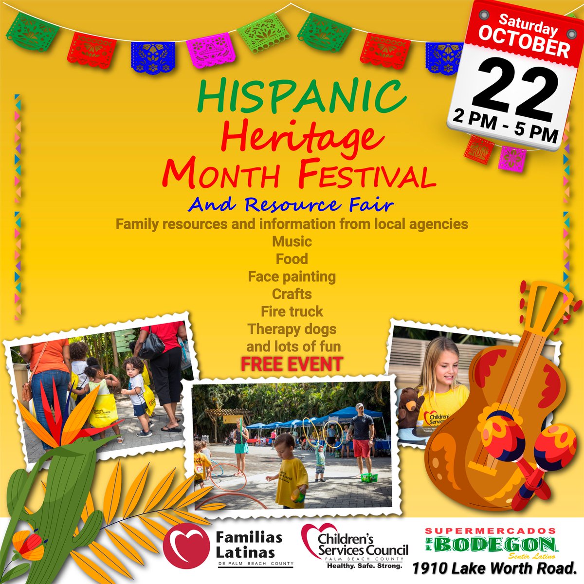 cscpbc's tweet image. TWO DAYS AWAY! Join us on Saturday, October 22, 2 - 5 pm, for our Hispanic Heritage Month Festival and Resource Fair at El Bodegon! Activities include music, food, face painting, fire trucks, therapy dogs, crafts and so much more! #cscpbc