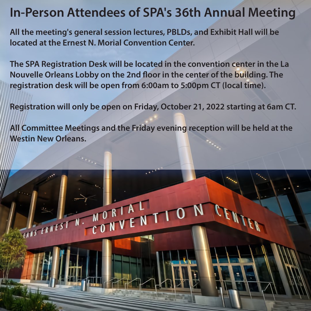 Attention In-Person Attendees to SPA's 36th Annual Meeting, here are some helpful tips. FAQ: ow.ly/WIIY50LfVQW Mobile Meeting Guide: ow.ly/QYM850LfVQX #SPANOLA22 #PedsAnes
