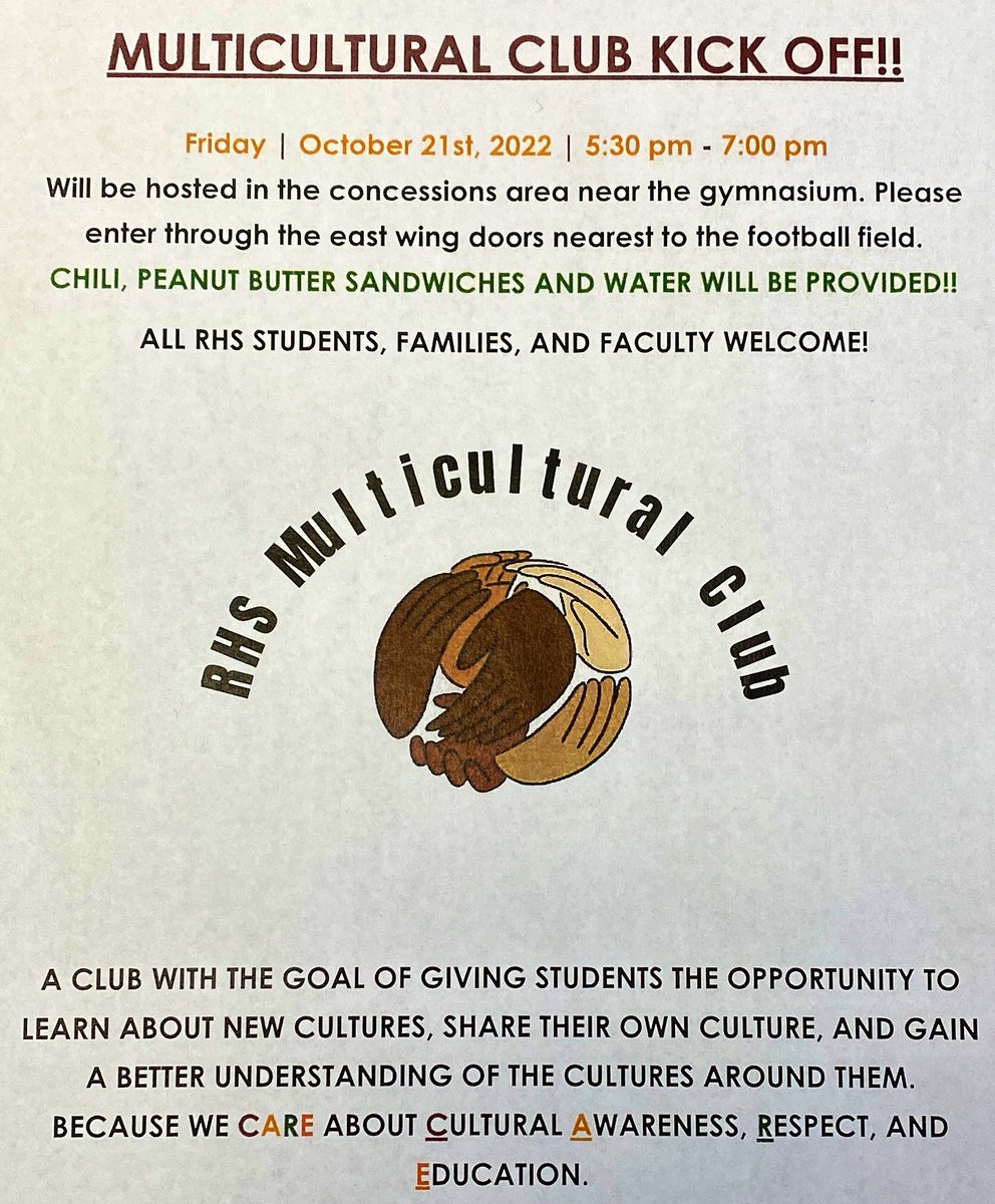 RHSMaroons's tweet photo. What a GREAT way to start your Friday night!!!  Come join us for a DELICIOUS meal presented by our newest club…RHS Multicultural Club!!! Enjoy some chili before kick-off and help us kick-off our new club!
#MAROONSonaMISSION https://t.co/GN1EdTHJ2K