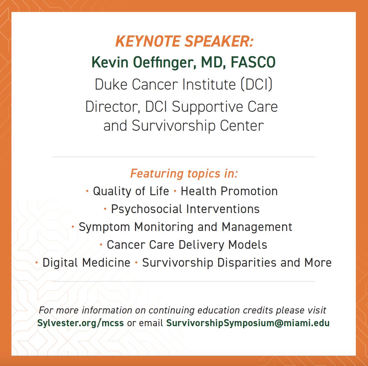 Calling all #cancer providers and #researchers! Join us at the inaugural Sylvester Cancer #Survivorship Symposium. The event will focus on topics such as symptom burden, quality of life in survivorship, disparities in survivorship outcomes, and much more! loom.ly/ievVhX4