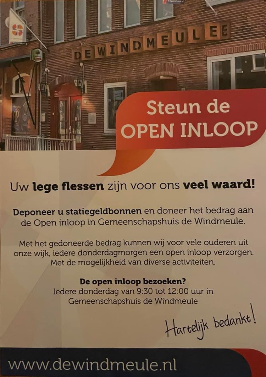 DeWindmeule's tweet photo. Steun de Open Inloop van Gemeenschapshuis de Windmeule.
U kunt ons steunen door de statiegeldflessen te sparen en deze in november in te leveren bij de Jumbo aan de Straelseweg in Venlo. Van de opbrengst kunnen wij leuke activiteiten verzorgen voor de deelnemers! https://t.co/bcPj38WEXG