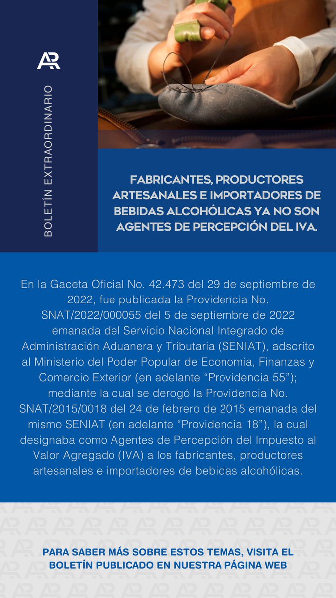¿Quieres saber más de la nueva medida en la que los Fabricantes, Productores Artesanales e Importadores de Bebidas Alcohólicas, ya no son agentes de percepción del IVA?
 
Entonces, te invitamos leer un artículo completo al respecto en el siguiente link:

araquereyna.com/derogatoria-de…