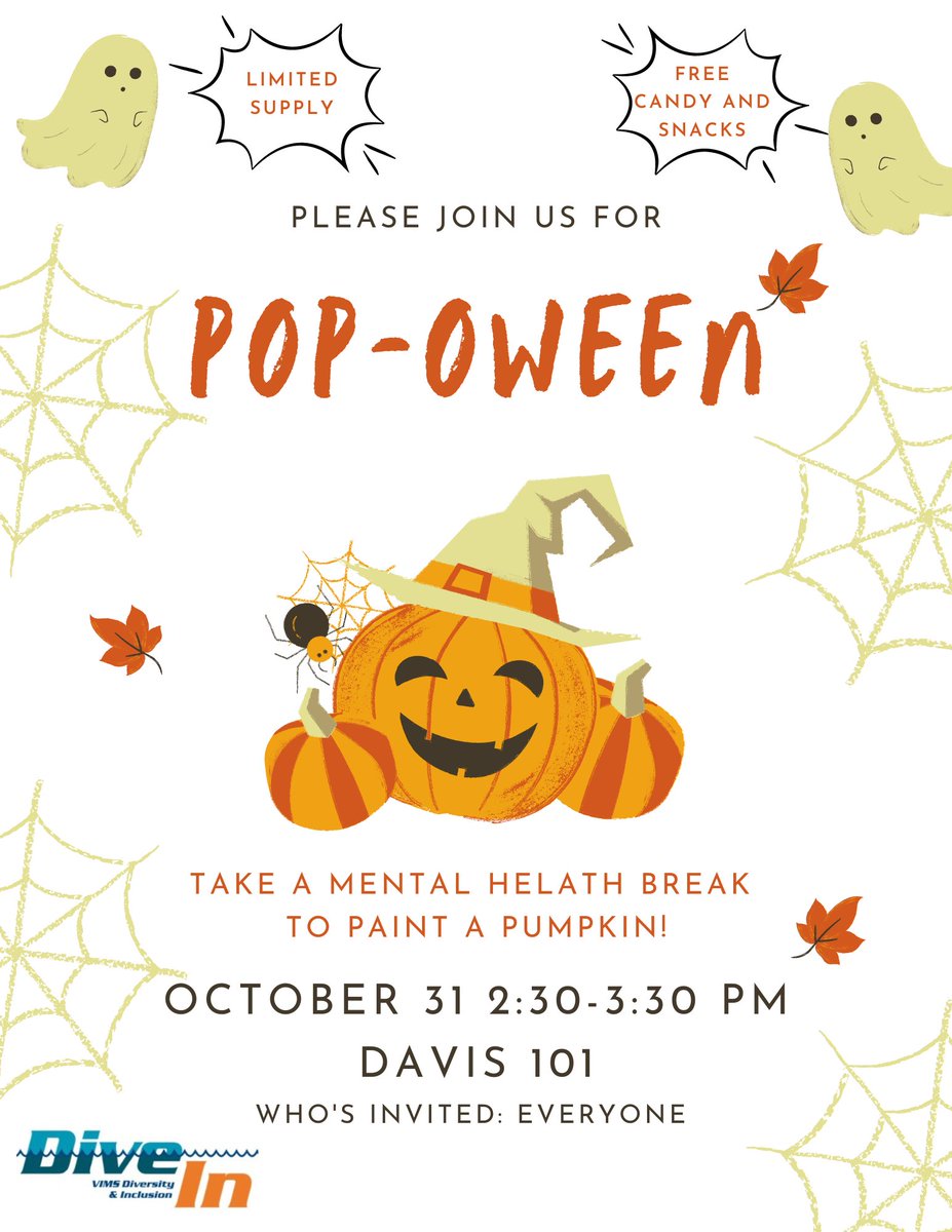 VIMS Dive-In (@vims_divein) on Twitter photo You're invited to POP-OWEEN! Join us Halloween Day on Monday, October 31 at 2:30PM in Davis Hall 101 for some holiday festivities! Take a mental health break, enjoy FREE candy and snacks, and paint a pumpkin to take home! Hope to see you there! <a href="/vims_gsa/">VIMS GSA</a> <a href="/VIMS_Grad_Dean/">VIMS-School of Marine Science</a> <a href="/vims/">VimS</a> You're invited to POP-OWEEN! Join us Halloween Day on Monday, October 31 at 2:30PM in Davis Hall 101 for some holiday festivities! Take a mental health break, enjoy FREE candy and snacks, and paint a pumpkin to take home! Hope to see you there! <a href="/vims_gsa/">VIMS GSA</a> <a href="/VIMS_Grad_Dean/">VIMS-School of Marine Science</a> <a href="/vims/">VimS</a>