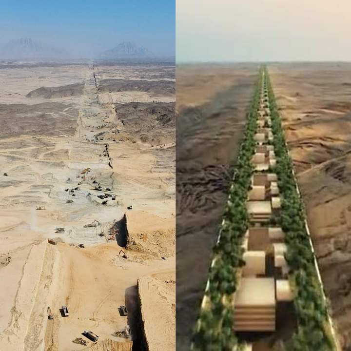 syedsamadshah's tweet photo. Via: B1M
Saudi Arabia’s 500-metre tall mirrored linear city is now under construction. This image by OT Sky Drone (left) captured part of the massive site that will eventually stretch for 170-kilometres across the desert.
#UrbanPlanning
#LinearDevelopment https://t.co/QF0hrTlM14