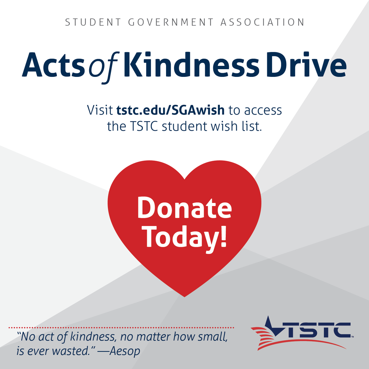 Help support TSTC students in need. Purchase an item from the statewide student wish list and have them shipped directly to the campus on your behalf. A little help goes a long way. Donate today! tstc.edu/SGAwish
