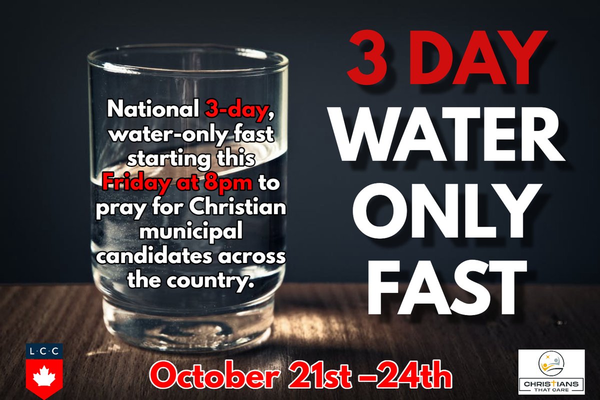 _LDCanada's tweet photo. Help Christians get elected + 3-day water-only fast starting this Friday at 8pm!
Read full description on our Facebook page: https://t.co/DR6LIyBUnv
#wateronlyfast #3days #ThisFriday #8pm #Christian #municipalelection
@mikethiessen9
@AndrewDeBart https://t.co/A46iXXvnZx