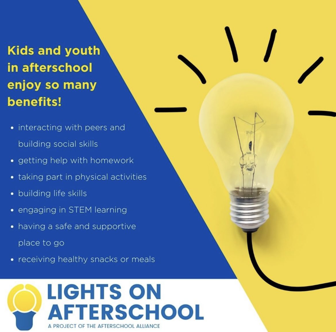 Today is #LightsOnAfterschool! 💡💡

Help us shine a light on the critical importance of out of school time programming! It inspires students to learn, creates a sense of belonging and gives peace of mind to working families!