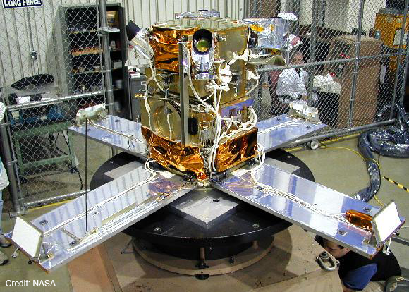 A photo of HETE-2 in its deployed state being looked at by scientists before its launch.