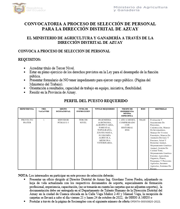 LisCarcelen's tweet photo. Convocatoria selección de personal para Dirección Distrital de Azuay #MAG https://t.co/EOPp2p21cS