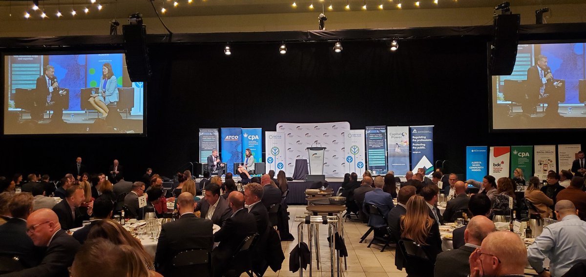EdmontonChamber's tweet photo. Our President and CEO @J_Sundquist and @ABDanielleSmith having a thoughtful discussion about the small business economy, how the #YEG region is set up for global trade, and what the future has in store for Alberta. 

#PremiersAddress #Edmontonchamber #AbLeg #Yeg #BDCsbw https://t.co/8qRHJrCZfB