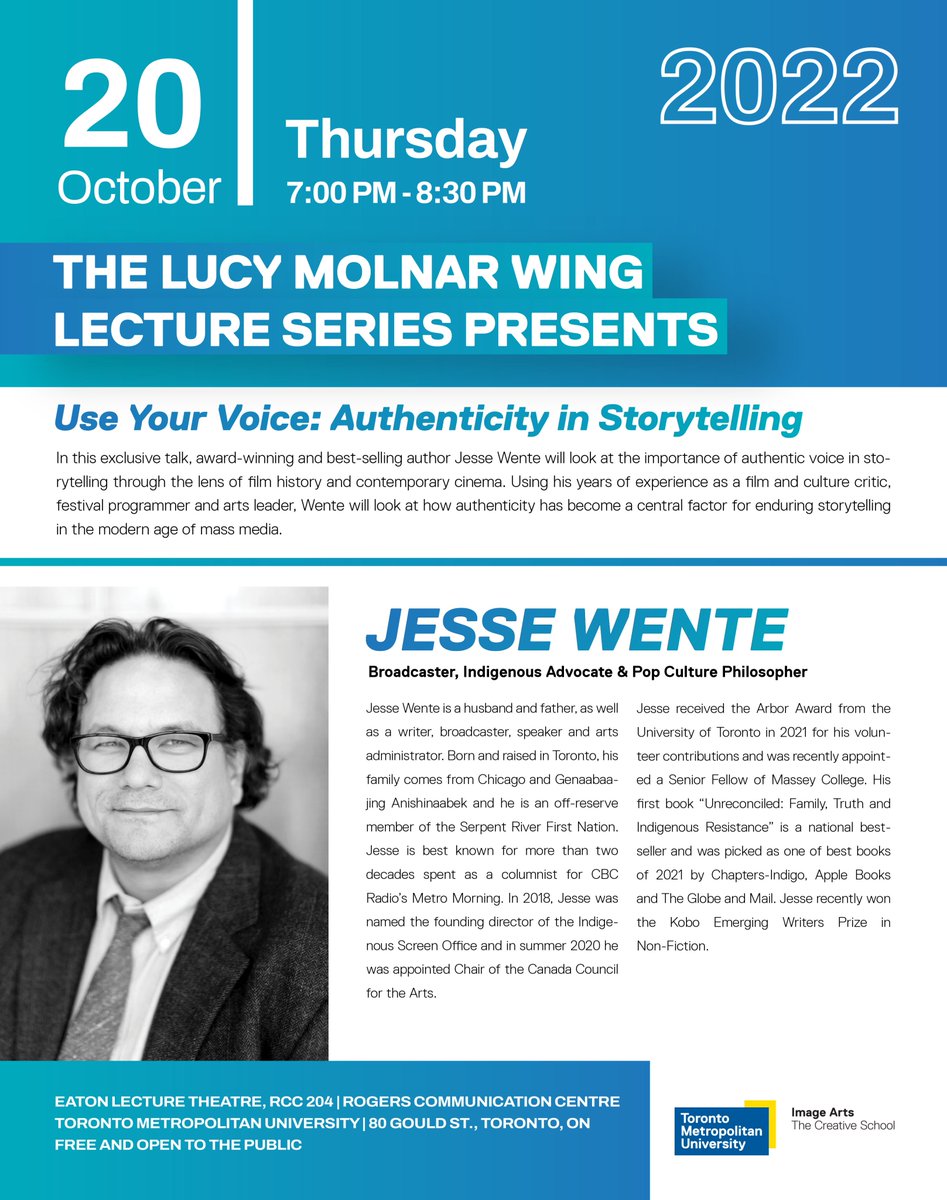 The Creative School (@thecreativeschl) on Twitter photo TONIGHT! The Lucy Molnar Wing Lecture Series presents award-winning and best-selling author @jessewente who will speak about the importance of authentic voice in storytelling through the lens of film history and contemporary cinema.
Free and open to the public!
<a href="/imagearts_tmu/">Image Arts at The Creative School</a> TONIGHT! The Lucy Molnar Wing Lecture Series presents award-winning and best-selling author @jessewente who will speak about the importance of authentic voice in storytelling through the lens of film history and contemporary cinema.
Free and open to the public!
<a href="/imagearts_tmu/">Image Arts at The Creative School</a>