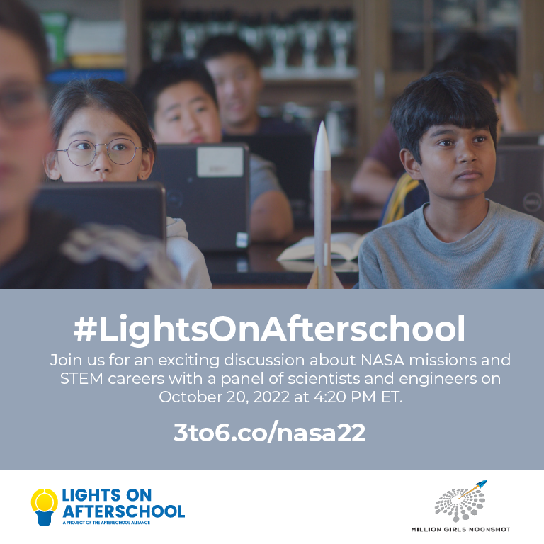 We are ONE HOUR away from our discussion with NASA astronauts and STEM role models! Gather around for an out-of-this-world watch party! 3to6.co/nasa22 @girlsmoonshot #LightsOnAfterschool