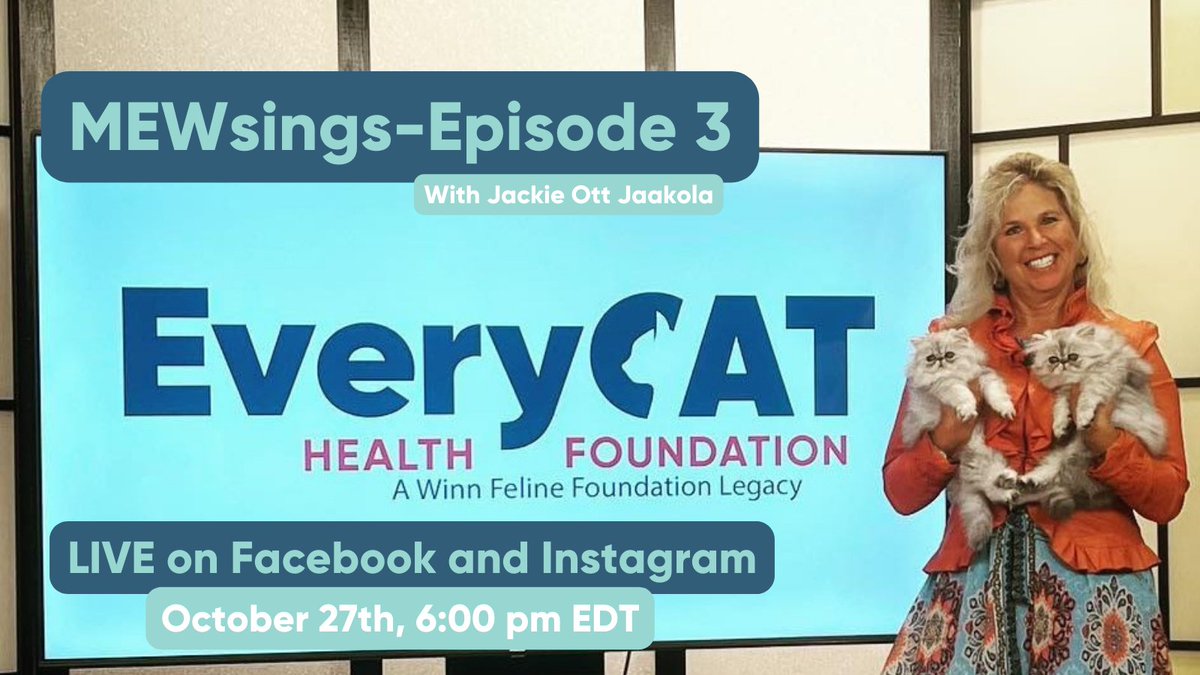 everycathealth's tweet photo. Don't miss the 3rd episode of "MEWsings with EveryCat," LIVE on EveryCat's Facebook & Instagram pages Oct 27, 2022, at 6:00 pm EDT.
**For MEWsings Sponsorship opportunities, reach out to info@everycat.org
#everycathealth #cathealth ##felinehealth #felinemedicine #ticacats https://t.co/LtXj2umNDx