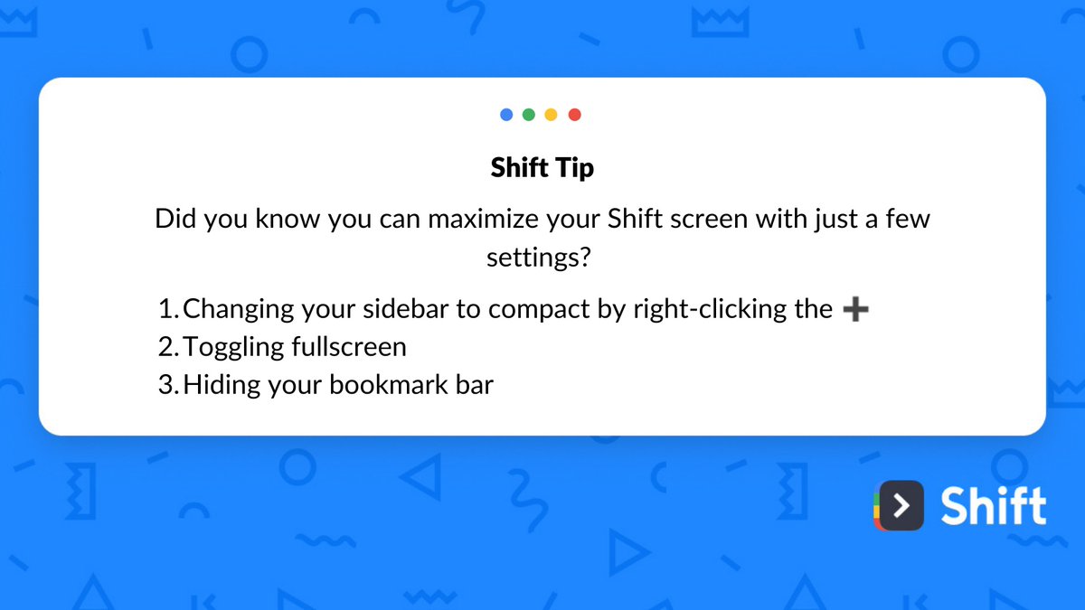 shiftbrowser's tweet image. Want to see more of what you’re working on? Maximize your screen real estate in Shift with some simple sidebar settings and a few easy keyboard shortcuts. ⌨️

Learn more: support.tryshift.com/kb/article/832…
.
.
.
#shifttips #appsforwork