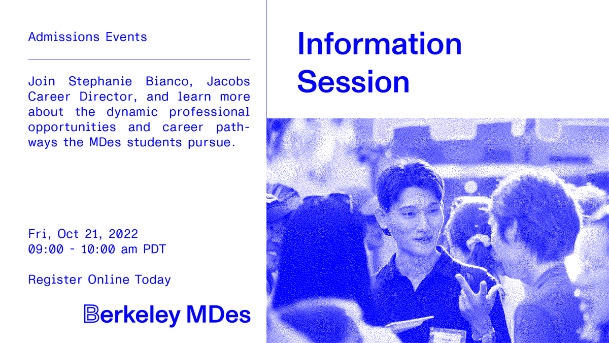 The applications for graduate admission to join Berkeley Master of Design in Fall 2023 are open! Join Stephanie Bianco, Jacobs Career director to learn more about professional opportunities at MDes! 
RSVP here: tinyurl.com/4zhjbfmd
#mdes2023
#berkeleymdes
#ucberkeley