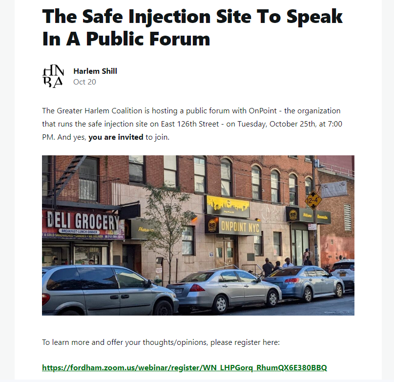Join us on Oct 25th (Tues) at 7pm to learn more about the nation's first #safeinjection site. An open dialogue have been missing &amp; can be helpful for everyone. Please forward broadly.

Register here.
fordham.zoom.us/webinar/regist…

#recoveryispossible #FairShare #FairShare4Harlem