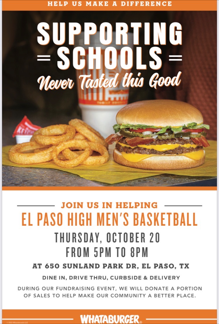 We need everybody to come out and support our <a href="/Whataburger/">Whataburger®</a> fundraiser tonight. Great burgers and fries are being served up today and we would love to see you there. See flyer below for details <a href="/elpasohs/">El Paso High School</a> <a href="/ElPasoAthletics/">El Paso High Athletics</a> <a href="/ephstigernews/">El Paso Tiger News</a> <a href="/Fchavezeptimes/">Felix Chavez</a> <a href="/EPISDathletics/">EPISD ATHLETICS</a> <a href="/ELPASO_ISD/">El Paso ISD</a>