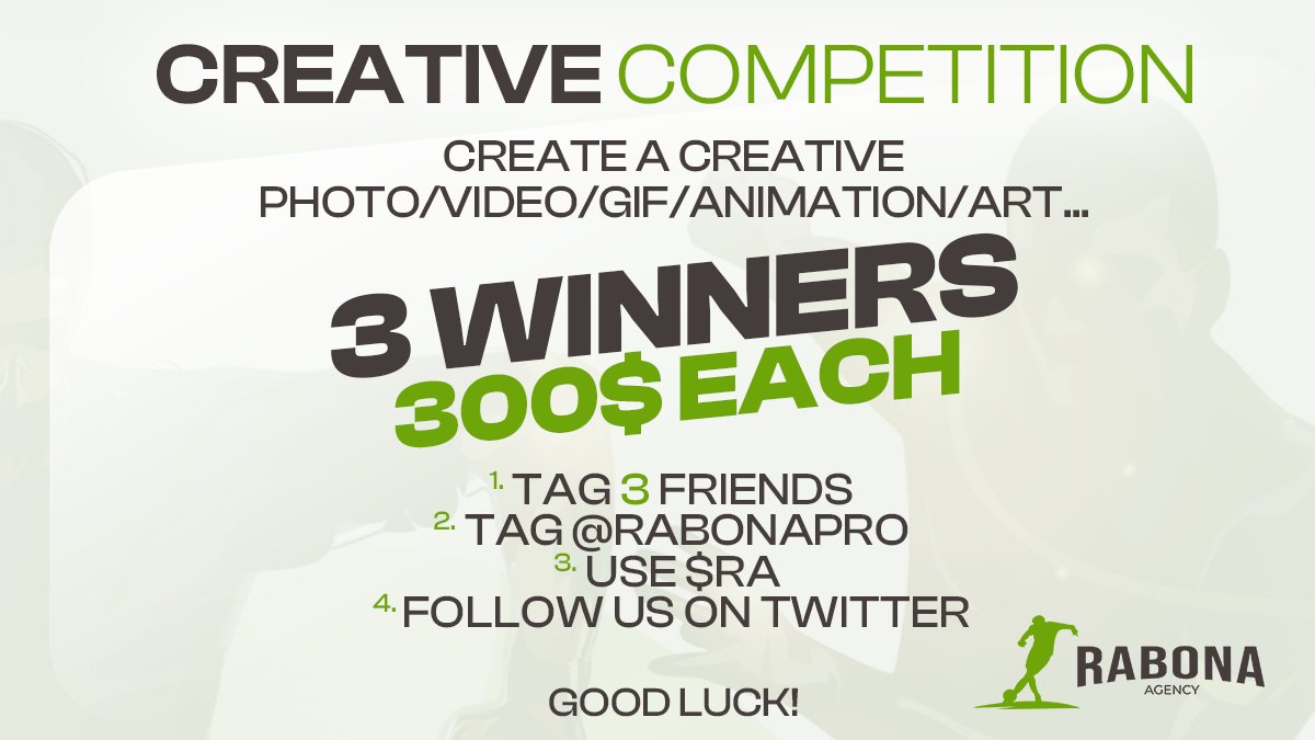 RabonaPro's tweet photo. Let's get creative!

$RA giveaway by @RabonaPro 

Participate:

Create something
Tag 3 Friends
Tag @RabonaPro and use $RA 
Follow us on Twitter!

3 Winners 300$ each!

Make sure to make some amazing art!🚀💎⚽️ https://t.co/DCztrIKSh5