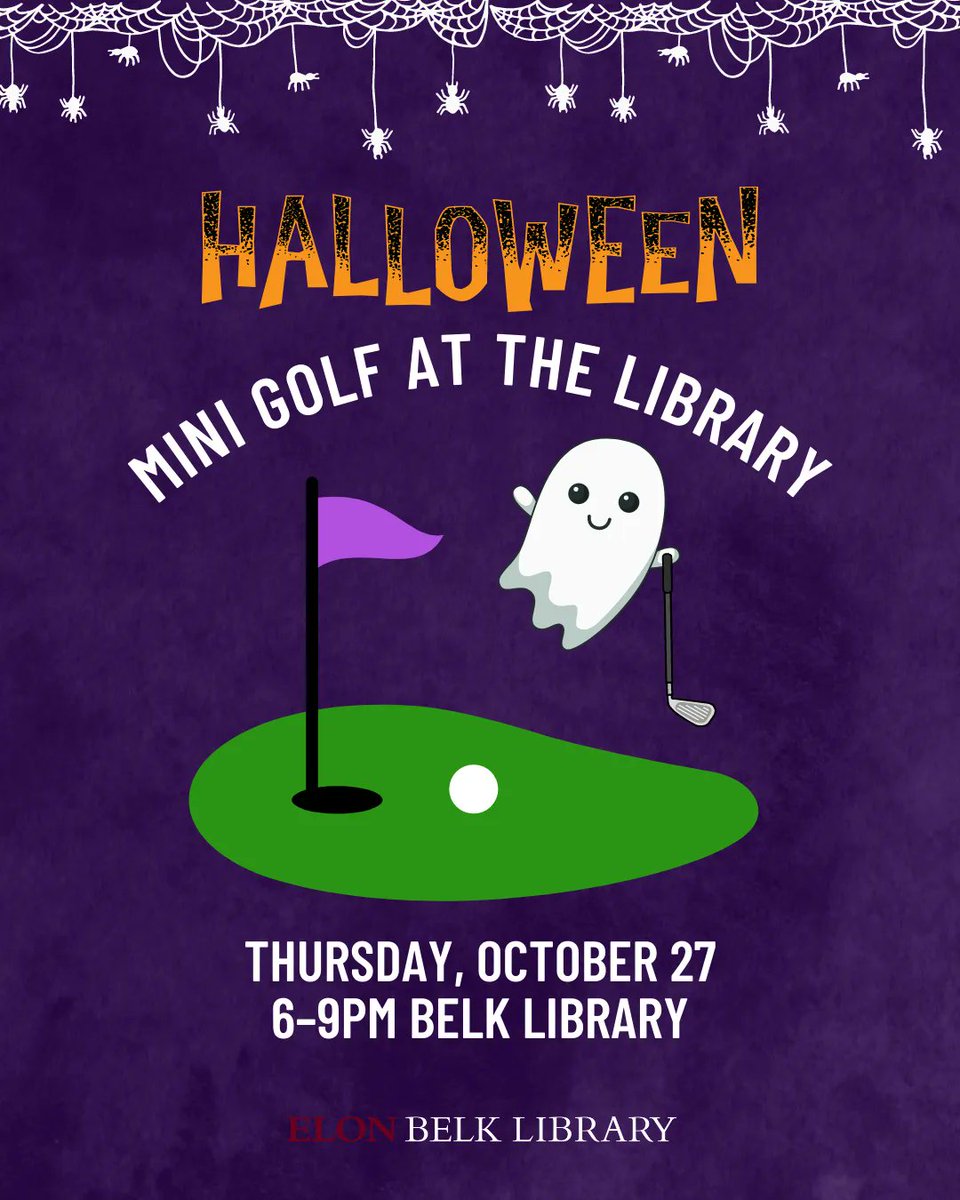 ElonBelk's tweet image. NEXT THURSDAY! Join us for Halloween themed mini golf at the library! ⛳️👻 We will have 9 holes to play, prizes to win, and fall-themed snacks to enjoy. Grab some friends and get competitive, and we can’t wait to see you there! 
#belkgolf #libraryminigolf