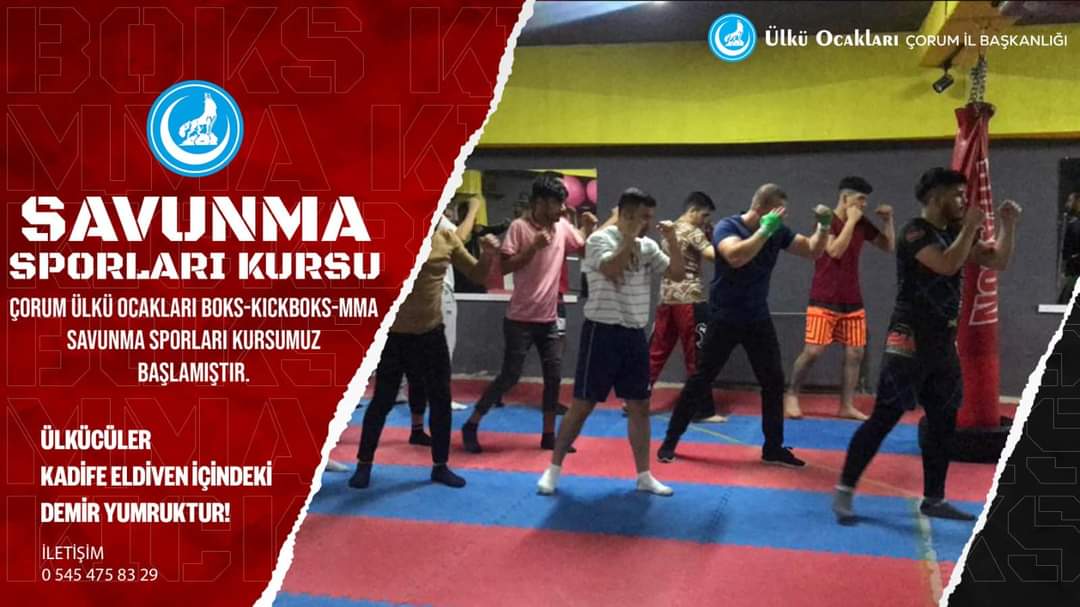 Çorum Ülkü Ocakları İl Başkanımız Sayın Orhan Tosık  öncülüğünde başlatılan haydi gençler spor,a Sosyal Medya Hesabından Şu Paylaşımında Bulundu...Çorum Ülkü Ocakları Spor Birimimiz tarafından başlatmış olduğumuz,  boks, kıck boks, mma derslerimize Türk gençliğini davet ediyoruz.