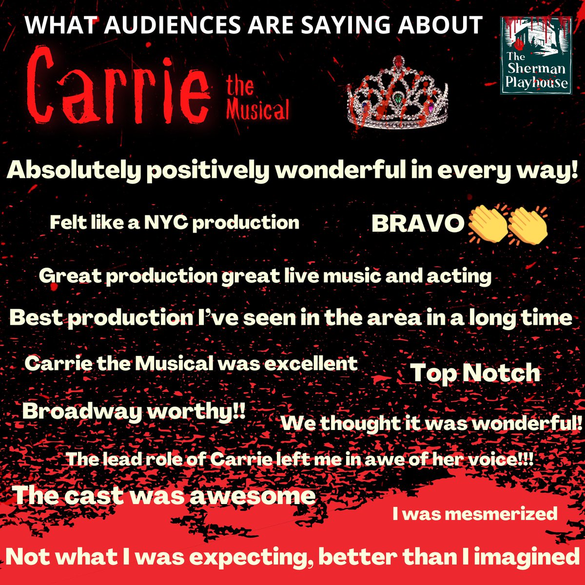 Closing weekend everybody.  Don't you miss out on a night you'll never forget! 10/21 and 10/22 only.
tix:  shermanplayers.ticketleap.com
#shermanplayers #closerthanyouthink #carriethemusical