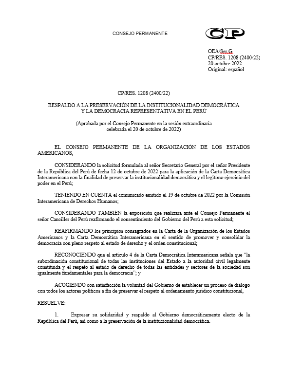 OEA_oficial's tweet photo. RESOLUCIÓN | Respaldo a la preservación de la institucionalidad democrática y la democracia representativa en el #Peru 

(Aprobada por el Consejo Permanente de la #OEA en la sesión extraordinaria celebrada el 20 de octubre de 2022)

https://t.co/oG2xLLAEVw https://t.co/X3HVoCDNcC