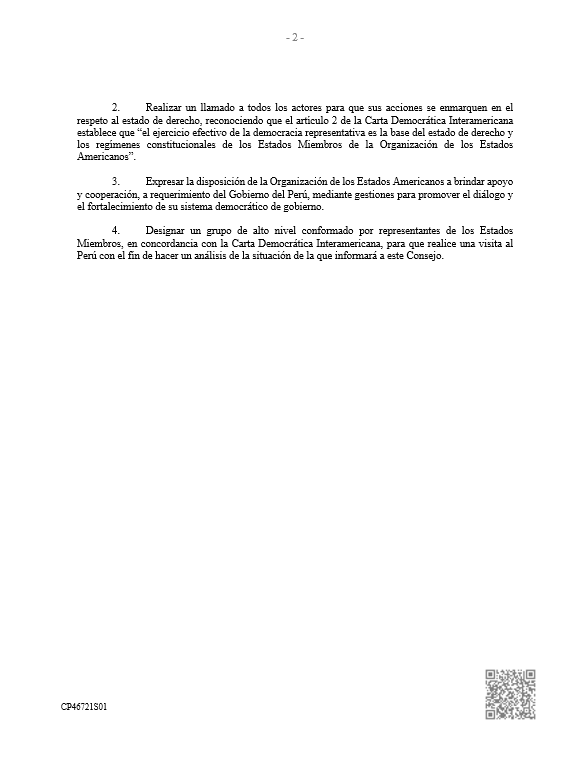 OEA_oficial's tweet photo. RESOLUCIÓN | Respaldo a la preservación de la institucionalidad democrática y la democracia representativa en el #Peru 

(Aprobada por el Consejo Permanente de la #OEA en la sesión extraordinaria celebrada el 20 de octubre de 2022)

https://t.co/oG2xLLAEVw https://t.co/X3HVoCDNcC