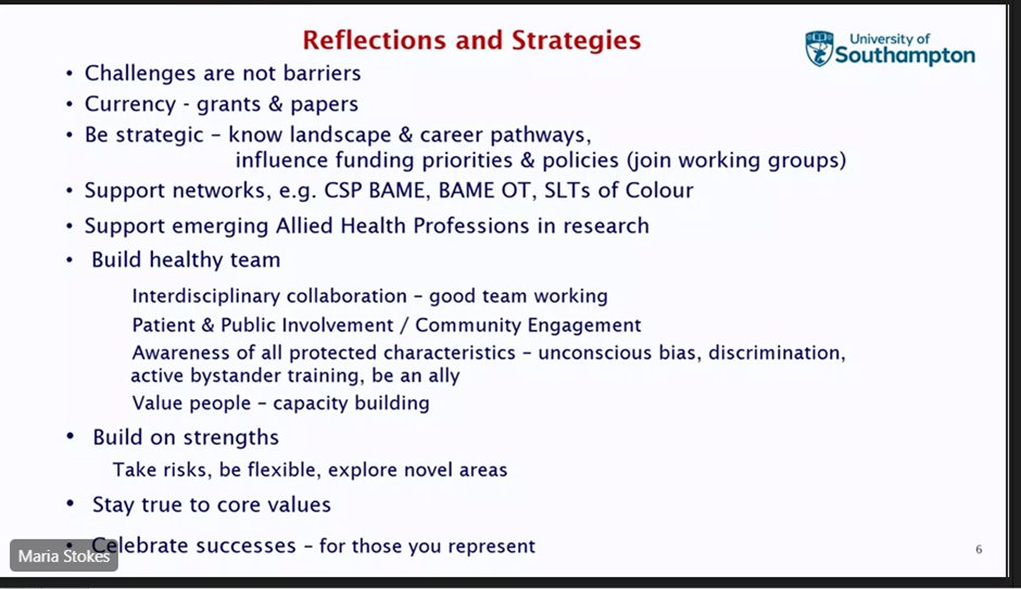 JustineMusiime's tweet photo. Challenges are not barriers! 
Great wisdom from the legendary Maria Stokes. 
Reflections &amp; strategies for #BAME #AHPs who wish to get into research. ⬇️ @cspbame @cspbame @BAMEOTUK @OfSlts @thecsp @OfficialCAHPR @WeAHPs @anita_atwal @meera_he @arnie_puntis 
#RepresentationMatters https://t.co/x9lxY0k8y8