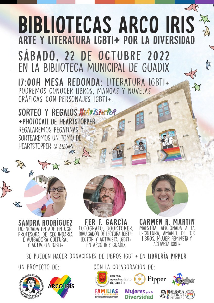 🏳️‍🌈¡VUELVE BIBLIOTECAS ARCO IRIS con una segunda edición!
🏳️‍⚧️Nos vemos este Sábado 22, a las 17:00h.
🌈Tendremos un photocall, regalitos y sorteo de #Heartstopper
❤️🧡💛💚💙💜
#Guadix #Granada #BibliotecaGuadix #Bibliotecasarcoiris