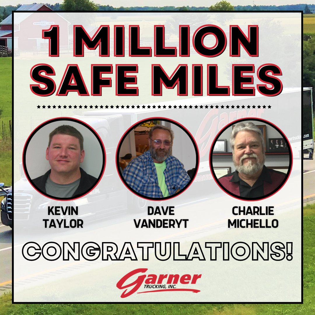 GarnerTrucking's tweet photo. Congrats to these 3 outstanding Garner drivers for accomplishing #1MillionSafeMiles! This tremendous accomplishment shows just how dedicated you are to ensuring the safety of yourself & those around you. Beyond Proud. #GarnerStrong #DriveGarner #ThankATrucker #BestFleets22 https://t.co/OwBRmIRDe9