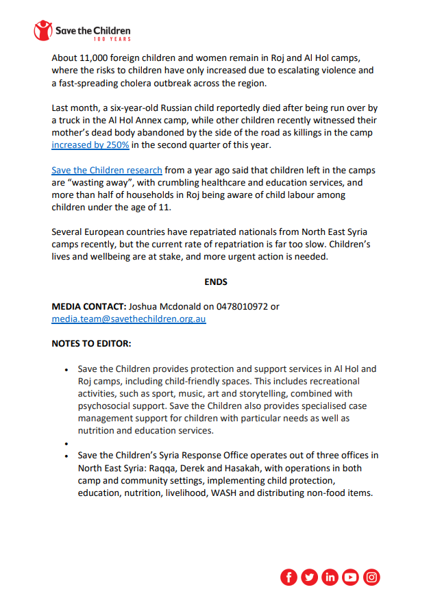 MEDIA RELEASE: #France must urgently do more to follow through with recent moves to recognise the rights of #children stranded in camps in North East #Syria, Save the Children said today, as the country repatriated 40 children and 15 women.