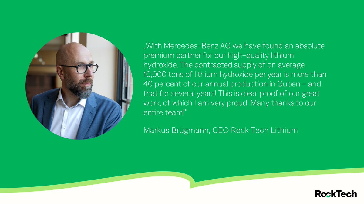RockTechLithium's tweet image. Milestone - Definite agreement with #MercedesBenz : 10,000 tonnes of #battery-grade #lithium hydroxide per year for 5 years and a roughly total estimated sales volume of approximately C$2 billion.

#electriccars #transformation