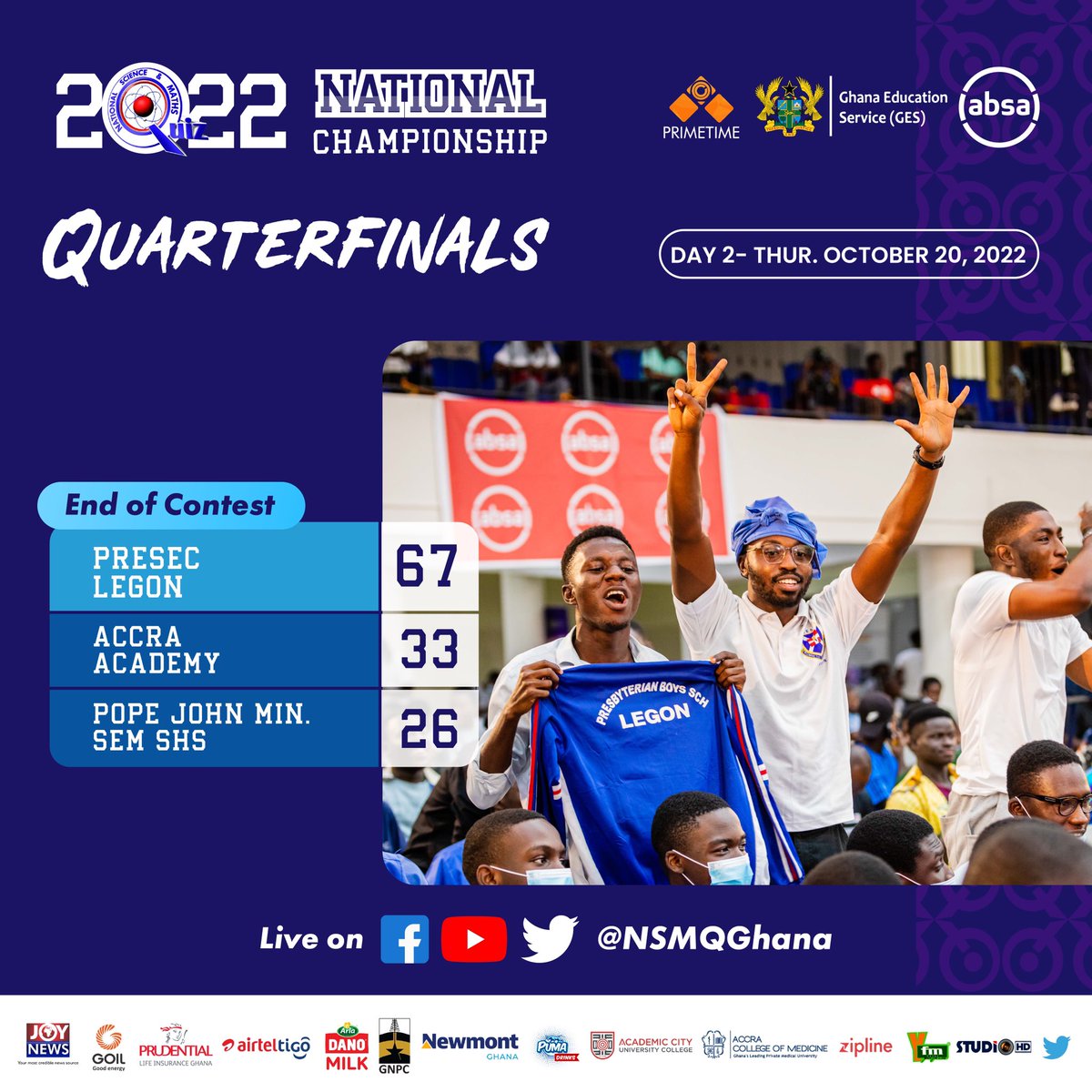 NSMQGhana's tweet photo. PRESEC - Legon have nothing but praise for Jehovah as they head to the Semis.

#NSMQQuarters #NSMQ2022 #Primetime @TwitterGhana https://t.co/1ipFbPctmt