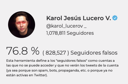 BotCheckerCL's tweet photo. Por ovación popular: 

Cuenta de Twitter: @Karol_LuceroV 
# Seguidores: 1.078.811
% de seguidores falsos: 76.8% (828,527) 

Detalles 👇 https://t.co/Yo6CUeYRg5