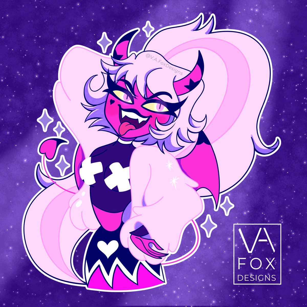 VAFoxDesigns1's tweet photo. Some Stolas and Verosika doodles I made into designs now available on my Redbubble and Tee-Public (link in bio) 
🦉💜✖️💖
 #HelluvaBoss #HelluvaBossFanart #stolas #VerosikaMayday https://t.co/IUbWucOvRg