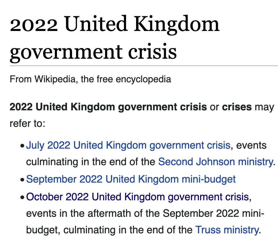 but that created an issue: how to tell the 2022 UK gvt crises apart!! There are at least three different articles that could be called '2022 United Kingdom government crisis,' so Wikipedia editors created some wordy hatnotes at the top and eventually a full on disambiguation page