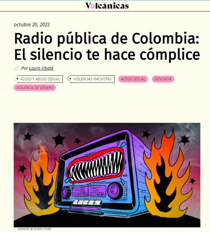 Recibí una invitación a hacer parte del Festival de podcast "Al Oído" de <a href="/RTVCco/">RTVC Colombia</a>. Removió un asunto en mí que pensé que estaba resuelto, pero no lo está. No voy a hacer parte del evento y hago pública la razón en <a href="/VolcanicasRev/">Volcánicas Periodismo Feminista</a> 
volcanicas.com/radio-publica-…