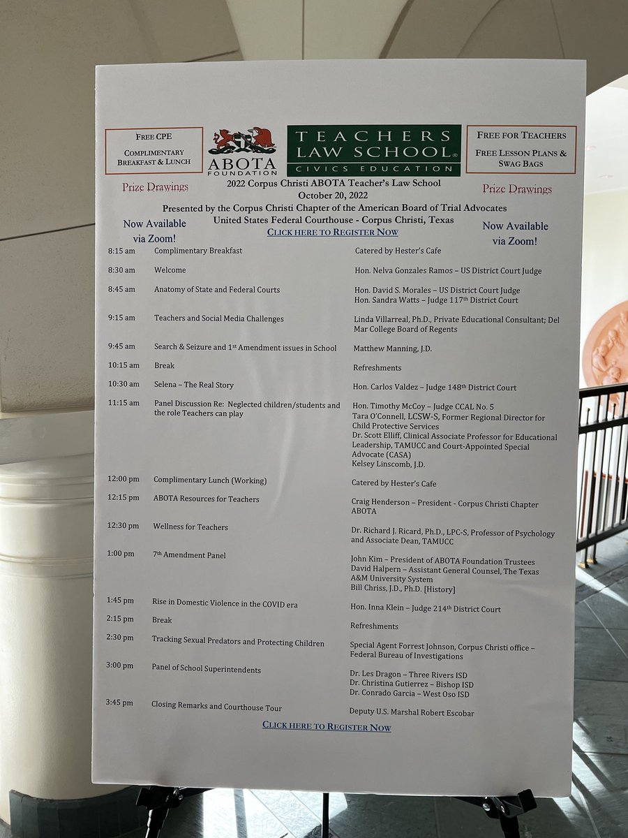 The Corpus Christi Chapter of ⁦<a href="/NationalABOTA/">ABOTA</a>⁩ is providing a crash course in the legal system for area social studies teachers and administrators. The Teachers Law School is a civics development program in is 13th year. ⁦<a href="/abotafoundation/">ABOTA Foundation</a>⁩ #civics @teaching.civics