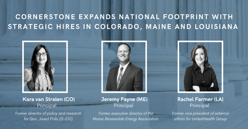 CGAGroup's tweet photo. Excited to welcome three new members to the Cornerstone team: @KaraVanS in Colorado, Jeremy Payne in Maine and Rachel Farmer in Louisiana! Each of them brings significant and diverse subject matter expertise to our expanding state footprint and capabilities. Lucky to have them!